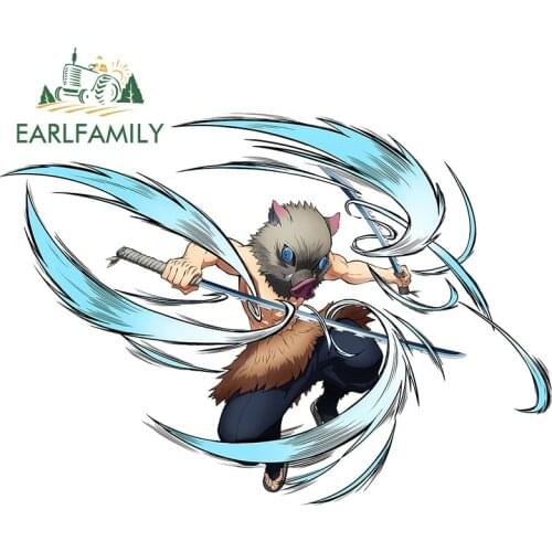 EARLFAMILY 13cm x 8.2cm for Demon Slayer Inosuke Hashibira Funny Car Sticker Personality Sunscreen Decal Refrigerator Decoration