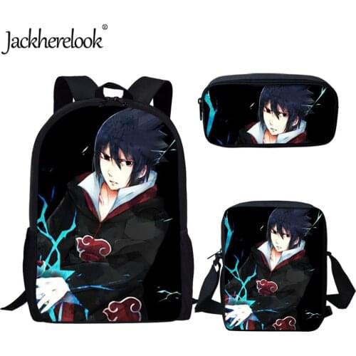 Jackherelook 3Pcs/Set School Bags for Kids Boys Akatsuki Anime Design Black Backpack Teenagers Shoulder Book Bag Pencil Case