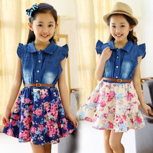 2017 summer new baby girls dress flower print kids clothes for girl fly sleeve chidren denim party clothes princess infant vest