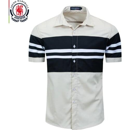 Fredd Marshall 2020 New Fashion Patchwork Shirt Men 100% Cotton Casual Short Sleeve Striped Shirt Homme Camisa Masculina 558932
