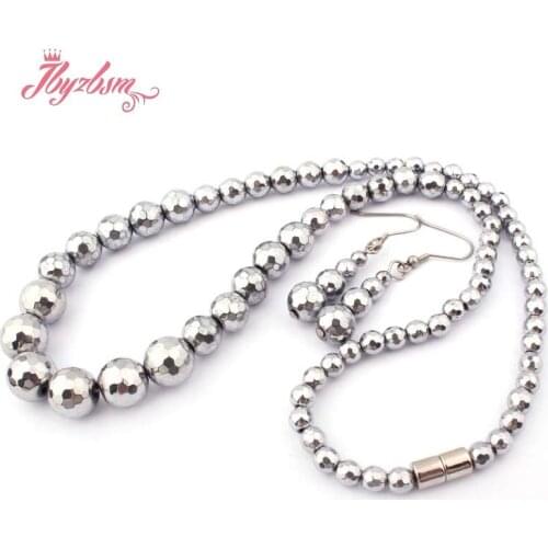 Silver Round Faceted (No Magnetic) Hematite Natural Stone Necklace Earring Set Fashion Jewellery Women Gift Free Shipping