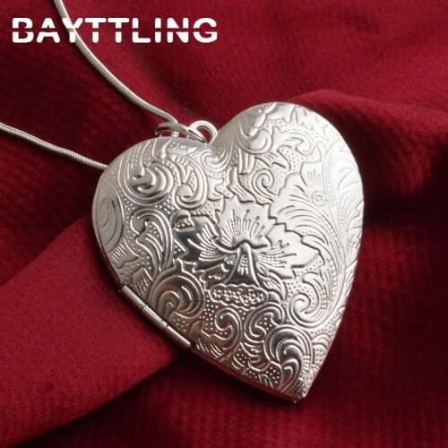 BAYTTLING 925 Sterling Silver Carved Heart Frame Pendant Snake Chain Necklace For Women Men Fashion Engagement Jewelry Gifts