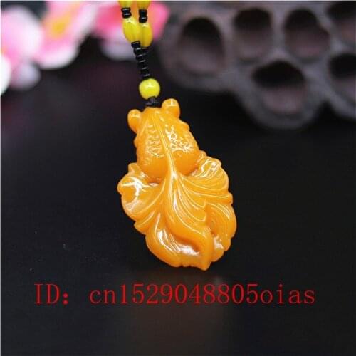 Natural Yellow Chinese Jade Goldfish Pendant Beads Necklace Fashion Charm Jadeite Jewelry Carved Amulet Gifts for Women Men