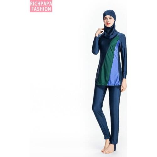 Sexy Splice Islamic Swimsuit Blue Full Cover Women Modest Hijab Islamic Swimwear Swim Surf Wear Sport Burkinis