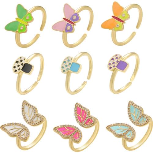 Women Ring Mushroom Butterfly Open Cuff Enamel Lattice Lady Finger Wedding Engagement Adjustable Gold Color Pink Purple Cute