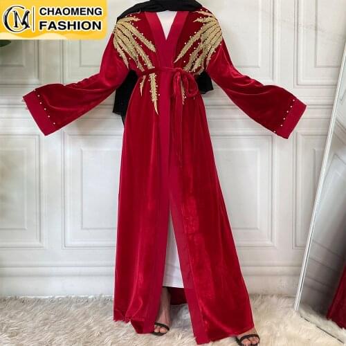 Ramadan Arabic Fashion Stitching Pearl Cardigan Muslim For Women Long Sleeve Golden Embroidery Velvet Kimono Islamic Clothing