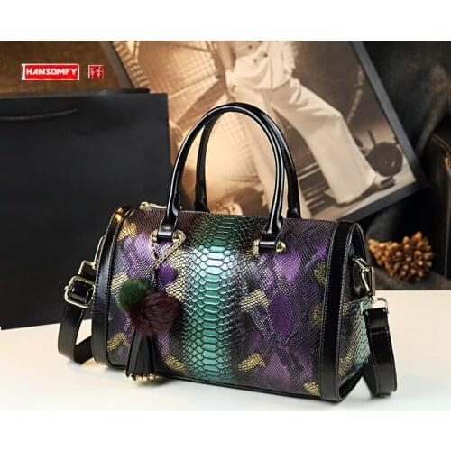 Luxury Cowhide Leather Women Handbags Fashion Female Serpentine Boston Bag Portable Tote bag Tassel Shoulder Messenger Bags 2021