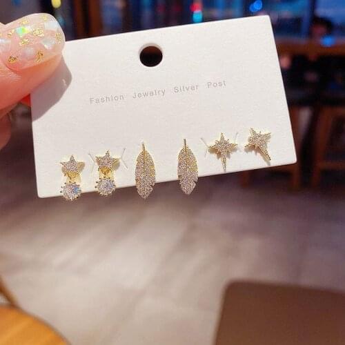 Glittering Feather Leaves Star Stud Earrings Set for Women Gold Color Daily Jewelry Gifts Wholesale S-E1362