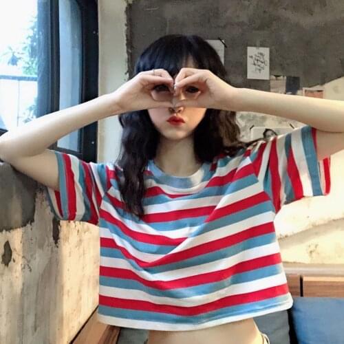 Y2K Summer new ins Xuanya style striped short-sleeved t-shirt kawaii short Tops harajuku woman tshirts Ulzzang Stripe Tops