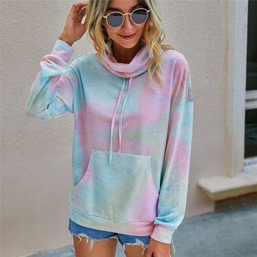 Women Fashion Casual Autumn Winter Clothes Stylish Tie Dye Print Pullover Hoodies Scarf Collar Long Sleeve Sweatshirts Tunic