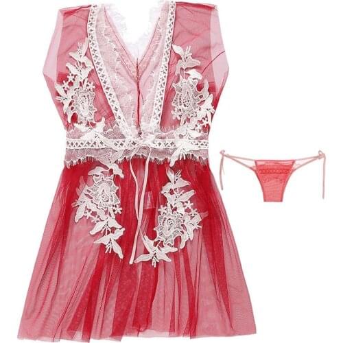 Female Sexy Lace Mesh Deep-V Backless Nightdress G-string Erotic Sleepwear Set Perfect for wedding night, Valentines Day