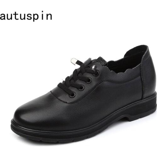 Autuspin 2021 Women Leather Pumps Fashion Concise Cowhide Lace Up Low Heeled Shoes Woman Office Lady Casual Loafers Plus Size 43