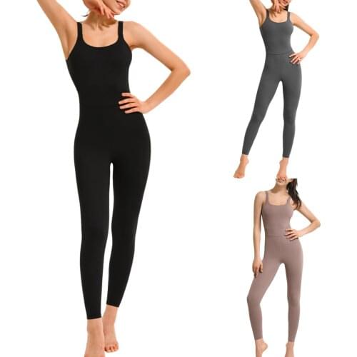 Womens solid color yoga pants,fashion and leisure, high elastic sleeveless o-neck,high waist and padded long suspender Jumpsuit