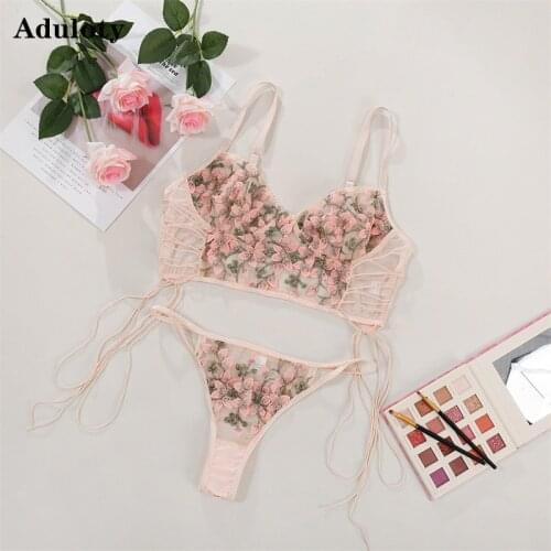 New hot sale sexy womens lace embroidered underwear set mesh see-through wire free bra sexy erotic lingerie panty set
