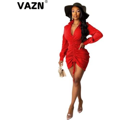VAZN Autumn Top Sexy Mature Age Untidy Full Sleeve Deep V-Neck Bandage Thin High Waist Asymmetrical Women Mini Dress
