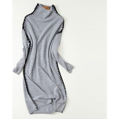 100% goat cashmere knit women new fashion elegant pullover sweater dress hand seamed sides high collar S/M/L