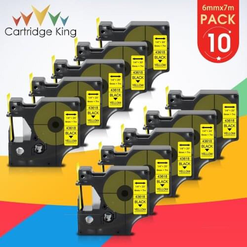 10pk 6mm for D1 DYMO Label Tape 43618 Black on Yellow Cassette Cartridge Replace for Dymo Label Maker LabelManager LabelPoint