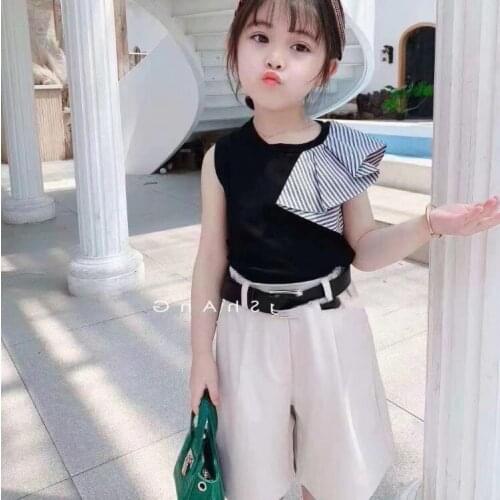 2021 children girls clothing set summer top shirt cotton+short pant korean style cute lovely white black top + green beige pant