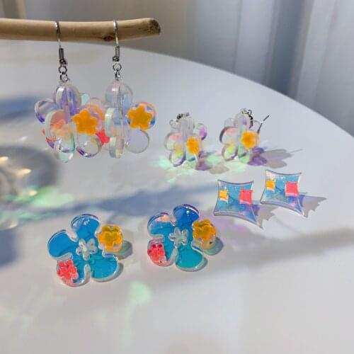 2021 Trendy Laser Three-Dimensional Flower Pendant Earrings Color Changing Acrylic Star Moon Butterfly Girl Jewelry Gift
