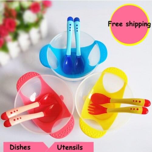 3 Color Baby Learning Dishes Silicon Cup Assist Food Bowl Temperature Sensing Spoon Baby Tableware Baby Utensils Spoon+Fork