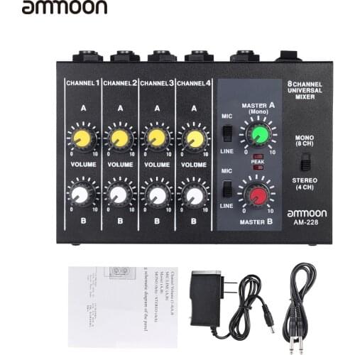 Ammoon AM-228 Mixing Console Ultra-compact Low Noise 8 Channels Audio Sound Mixer Mono Stereo Mixer with Power Adapter Cable