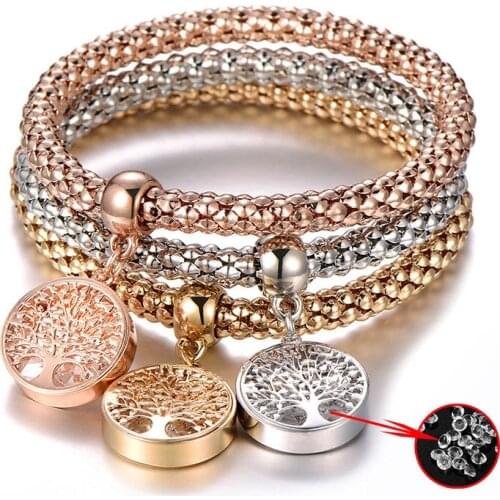 3 Color Set Corn Chain Bracelet Bangles Crystal Zircon Tree Of Life Elastic Popcorn Bracelet Ladies Charm Fashion Jewelry