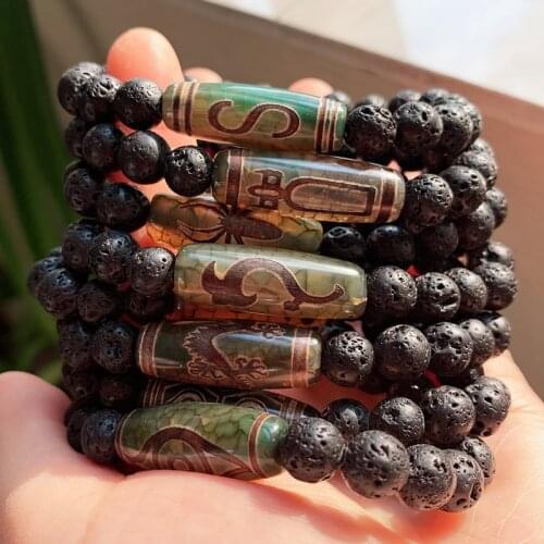 Energy Natural Tibetan Dzi Bracelet for Women Men Ruyi Dragon Nine Eyes Agat Black Lava Stone Fengshui Bracelet Healing Jewelry