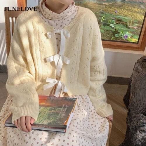 Early Autumn Lyellow Gentle Bow Tie Cardigan Sweet Loose Knitted Sweater Strickjacke Damen кардиган женский сетка Y2k Sweater
