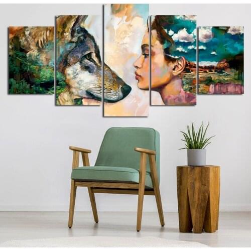 Oil Canvas Painting Beauty and The Beast Poster Animal Wolf Lady Abstract Oil Picture for Bedroom Living Room Wall Decor