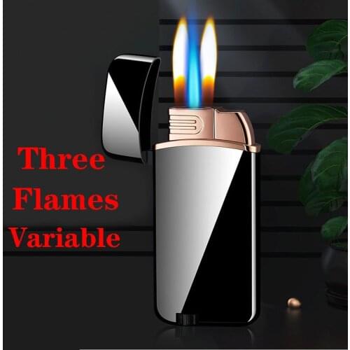 Creative three fire gas inflatable windproof metal lighter, direct blue jet flame,double open fire press ignition cigar lighter