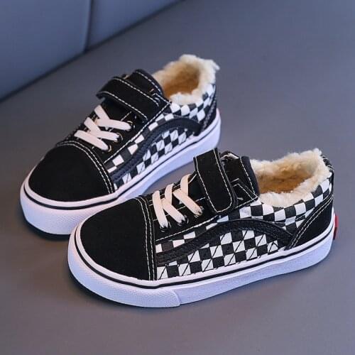 Winter New Plus Velvet Children Canvas Shoes Sport Breathable Boys Sneaker Kids Shoes For Girls Black Lattica Casual Child Flats