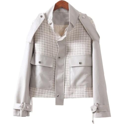 Fashion Splicing Short Faux Leather Jacket Women Autumn New Korean Loose PU Motorcycle Coat Ladies Outwear Streetwear Tide G470