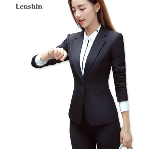 Lenshin 2 Pieces Set Single Button Formal Pant Suit for Women Work Wear Office Lady Uniform Style Business Jacket with Pants