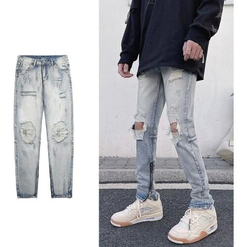 Fashion Hi-street Mens Hip Hop Skinny Fit Vintage Washed Denim Pants Distressed Ripped Jeans With Holes Side Zippers For Male