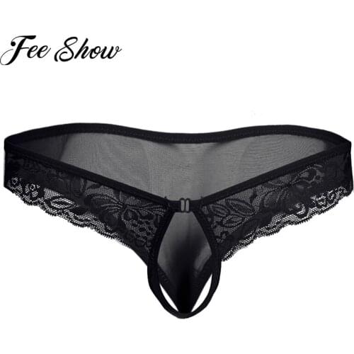 Mens Sexy Lace Printed Semi See-through Mesh Bikini Thong Underwear Erotic Low Rise Sissy Underpants with Elastic Penis Hole