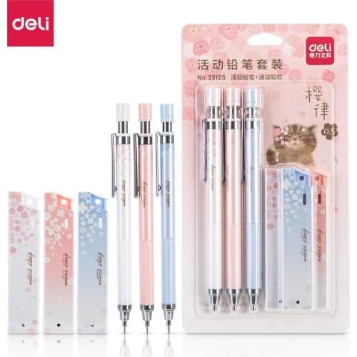Deli Mechanical Pencil Set 0.5mm Lovely Flower 3pcs Pencils 3 Boxes Refill HB Kawaii Drafting Pencils for School Stationery Gift