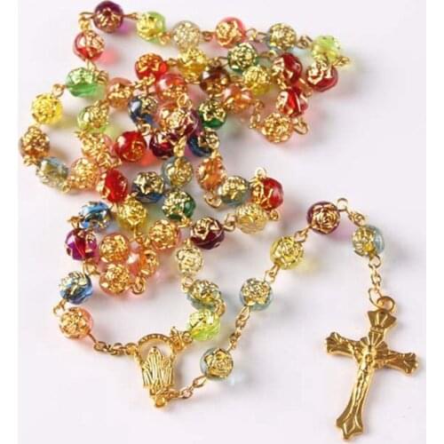 Rosary Beaded Religious Necklace Acrylic Rose Flower Beads Cross Pendant Necklace Women Jewelry