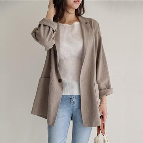 2021 Summer New Womens Blazers Casual Loose Jacket One Button Notched Cotton Linen Vintage Pockets Blasic Tops