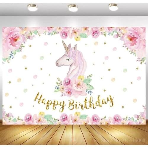 Customize Unicorn Birthday Party Backdrop Pink Baby Flower Child Family Party Portrait Photography Background Photo Studio