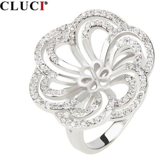 CLUCI Silver 925 Flower Wedding Rings Jewelry Pearl Ring Mounting Jewelry for Women 925 Sterling Silver Flower Rings SR1010SB
