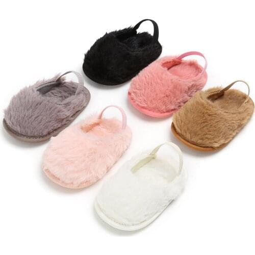 TOU Baby Girls Furry Slipper Toddler Soft Sole Plush Sandal Elastic Strap Infant Indoor Winter Cute Princess Fuzzy Crib Shoes