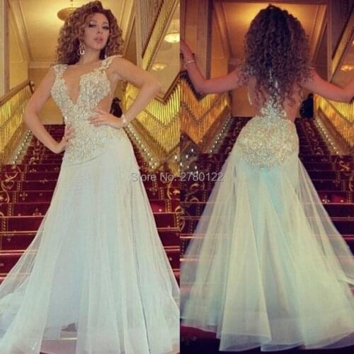 Evening Dress Sky Blue Sexy See Through Back 2020 Organza Lace Beading Evening Formal Party Long Vestido de fiesta Bridal gowns