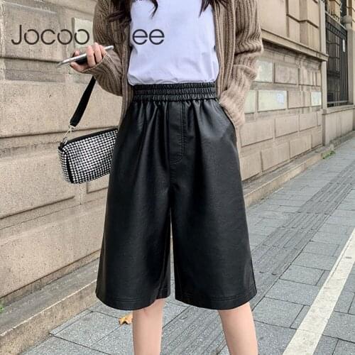 Spring Black PU Leather Women Half Pants High Waist Lady Oversized Wide Leg Pants Vintage Female Loose Plus Size Trousers 2021