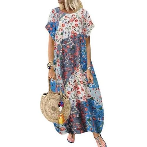 2021 Summer Pleated Dress O Neck Women Vintage Vestidos Robe Printed Long Maxi Dresses Plus Size Femme Short Sleeve Tunic 2XL