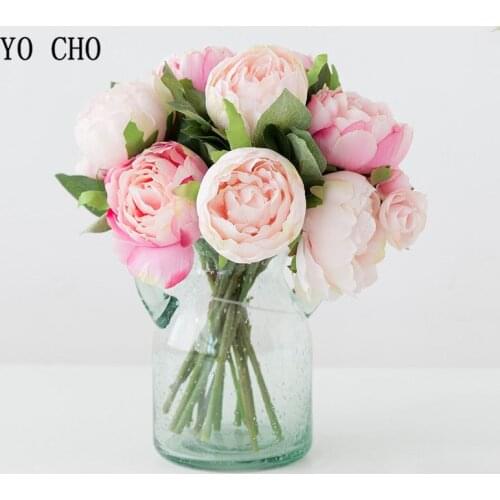 YO CHO Artificial Flowers White Peonies Pink Rose Red Bridal Bouquet Peony Wedding Silk Flower Decor for Home Decoration Flower