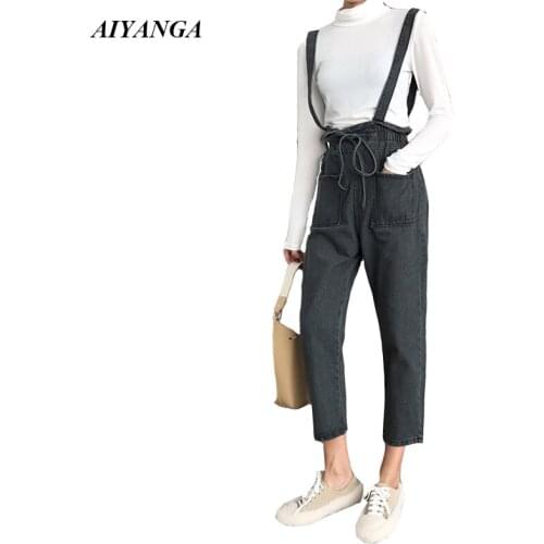 Women Strap Jeans 2018 Autumn Wintr Denim Pants High Waist Jeans Casual Trousers Lace Up Ankle-Length Pans Fashion Preppy Style