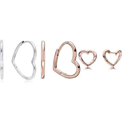 Original 925 Sterling Silver Earring Rose Bright Heart Asymmetric Heart Hoop Earrings For Women Wedding Gift Pandora Jewelry