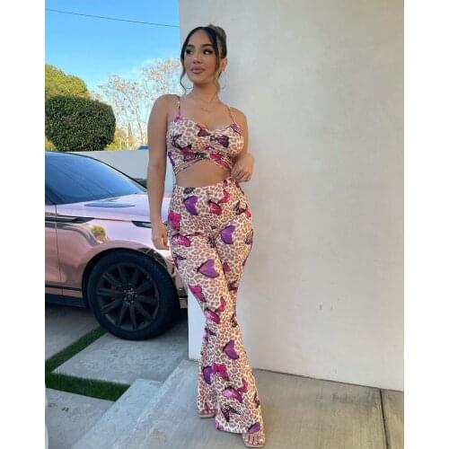 2021 Best Quality Fashion Design 2 pcs Women Set Leopard Spaghetti Strap Short Tops Long Pants Summer Beach Outfits