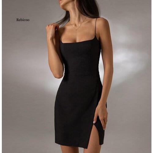 Black Sexy Backless Women Dress Summer New Sling Solid Slim Mini Dress Split Party Dress Elegant Womens Camisole Robe