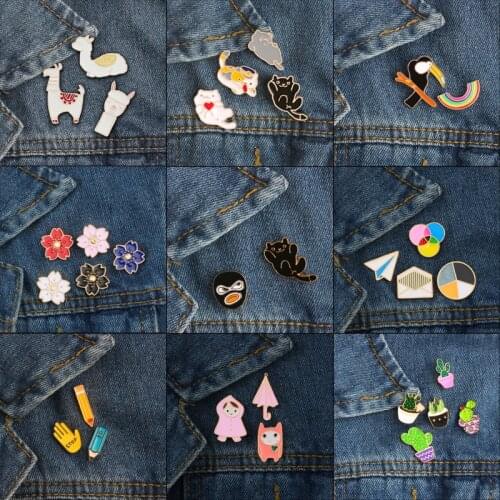 2-5pcs set Cartoon Animals Plant Brooches Cat Alpaca Bird Flower Enamel Pins Women Clothes Jeans Lapel Pin Men Bag Badge Jewelry